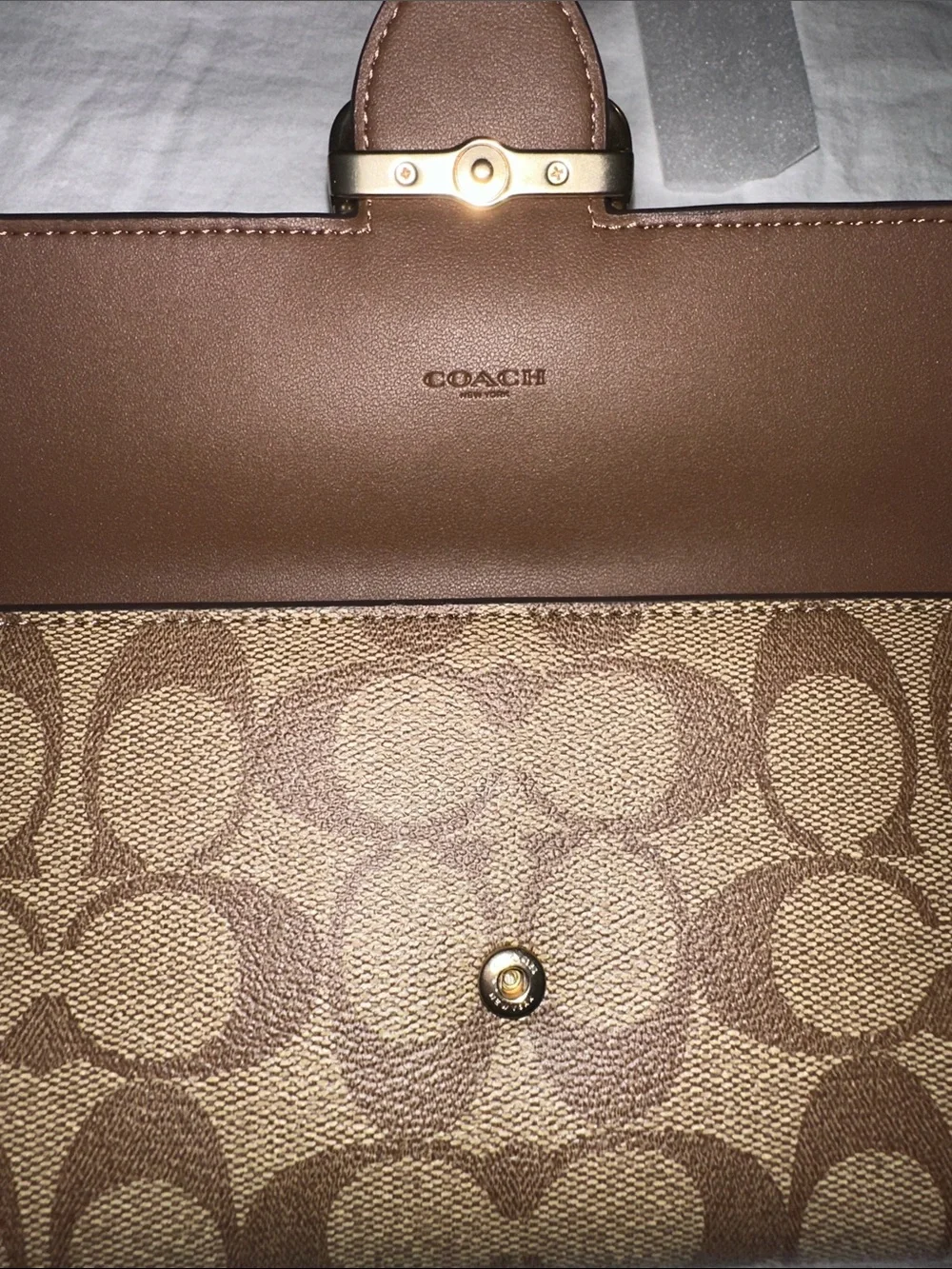 Coach Brown Signature Canvas Wallet with Tan Leather Flap